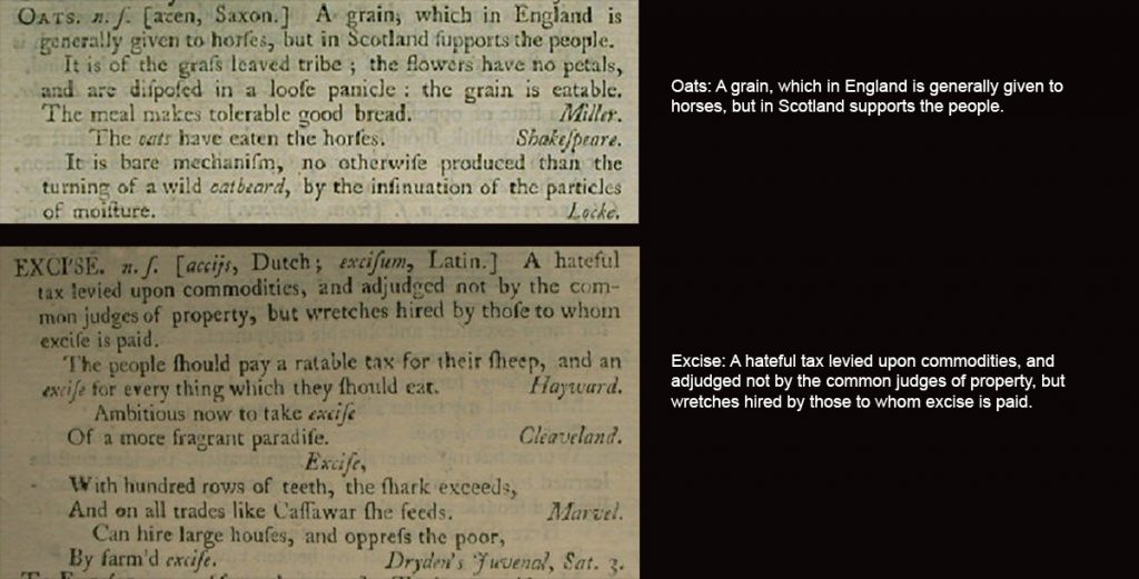 Samuel Johnson's Dictionary Definitions for Oats and Excise